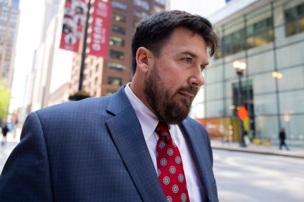 Richard Globensky, a former warehouse employee at Augusta National Golf Club, walks out of the Dirksen U.S. Courthouse after pleading guilty to stealing Arnold Palmer's green jacket in a $5.3 million Masters memorabilia scheme on May 15, 2024. (Vincent Alban/Chicago Tribune)