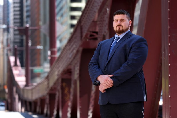 Portrait of Nathan Fox, a former Northwestern football player, in downtown Chicago on May 8, 2024. Fox is suing the school with allegations of widespread sexualized hazing. (Chris Sweda/Chicago Tribune)