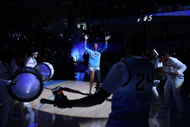 Chicago Sky forward Angel Reese (5) is introduced before the Sky's home opener against the Connecticut Sun at Wintrust Arena in Chicago on May 25, 2024. (Chris Sweda/Chicago Tribune)