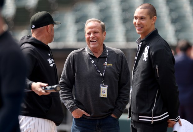 White Sox broadcasters Steve Stone, center, and John Schriffen, right, have a laugh with manager Pedro Grifol on opening day against the Tigers on March 28, 2024, at Guaranteed Rate Field. (Chris Sweda/Chicago Tribune)