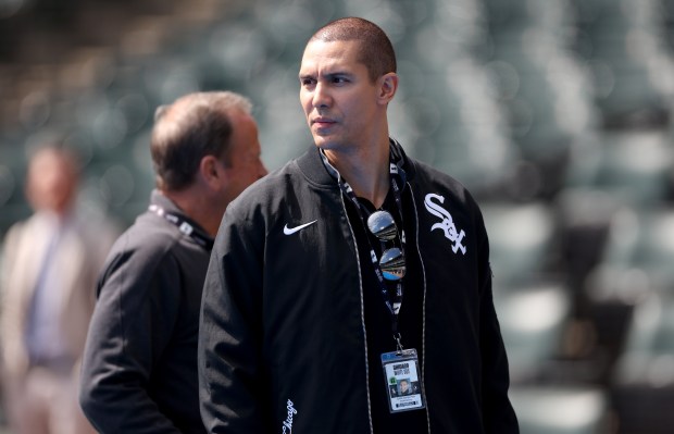 White Sox television play-by-play man John Schriffen walks on the field ahead of the opening-day game against the Tigers on March 28, 2024, at Guaranteed Rate Field. (Chris Sweda/Chicago Tribune)