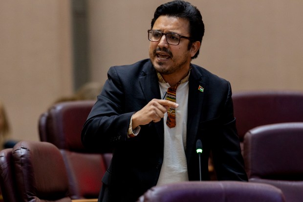 Ald. Byron Sigcho-Lopez, 25th, speaks passionately during a hearing of the Chicago Landmarks Commission to vote on whether to give landmark status to the St. Adalbert Church building in Pilsen on May 10, 2024, at City Hall. (Vincent Alban/Chicago Tribune)