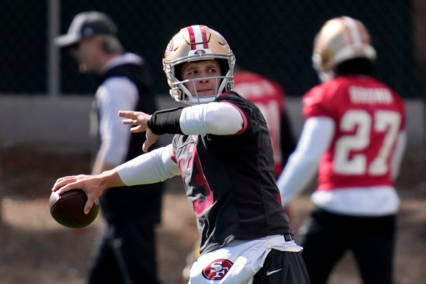 Quarterback Brock Purdy throws during 49ers practice ahead of the Super Bowl on Feb. 7, 2024, in Las Vegas. (AP Photo/John Locher)