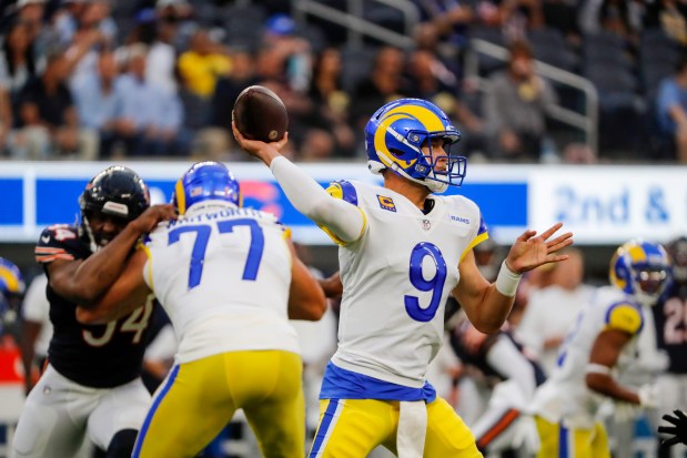 Rams quarterback Matthew Stafford throws in the first quarter against the Bears on Sept. 12, 2021, at Sofi Stadium in Inglewood, Calif. (Jose M. Osorio/ Chicago Tribune)