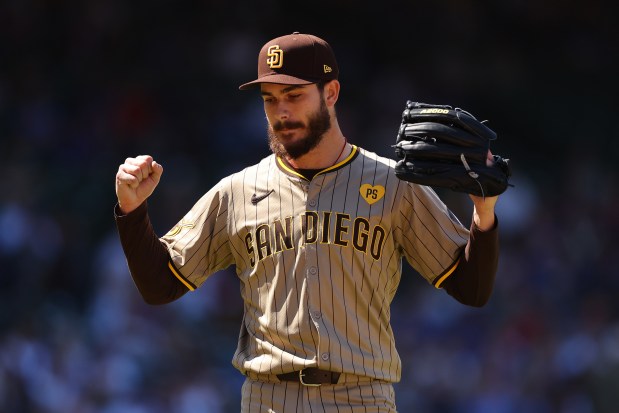 Padres starter Dylan Cease celebrates after retiring the side in the seventh inning against the Cubs on May 8, 2024, at Wrigley Field. (Michael Reaves/Getty)