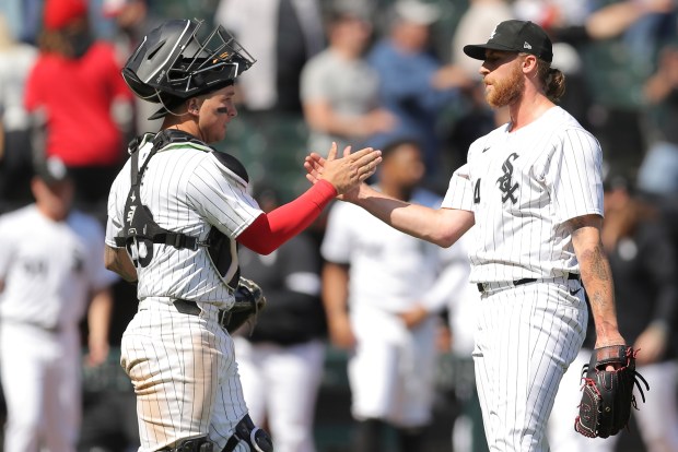 Catcher Korey Lee, left, celebrates with Michael Kopech after the White Sox defeated the Nationals 2-0 on May 15, 2024, at Guaranteed Rate Field. (Melissa Tamez/AP)