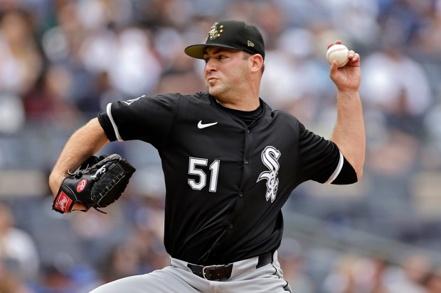 Chicago White Sox pitcher Jared Shuster (51) throws during the seventh inning of a baseball game against the New York Yankees, Sunday, May 19, 2024, in New York. (AP Photo/Adam Hunger)