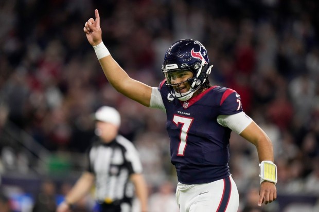 Texans quarterback C.J. Stroud celebrates after a touchdown against the Browns during an AFC wild-card game Jan. 13, 2024, in Houston. (Eric Christian Smith/AP)