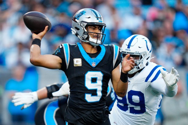 Panthers quarterback Bryce Young passes against the Colts on Nov. 5, 2023, in Charlotte, N.C.