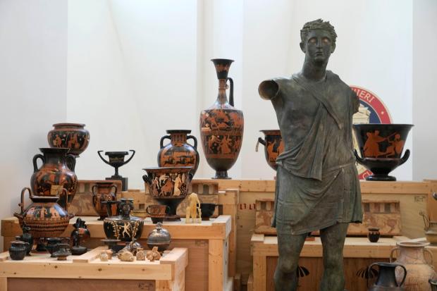 Some 600 stolen works of art that where gave back by the United States of America to the Italian Carabinieri Command for the Protection of Cultural Heritage are displayed during their presentation to journalists in Rome, Tuesday, May 28, 2024. (AP Photo/Gregorio Borgia)