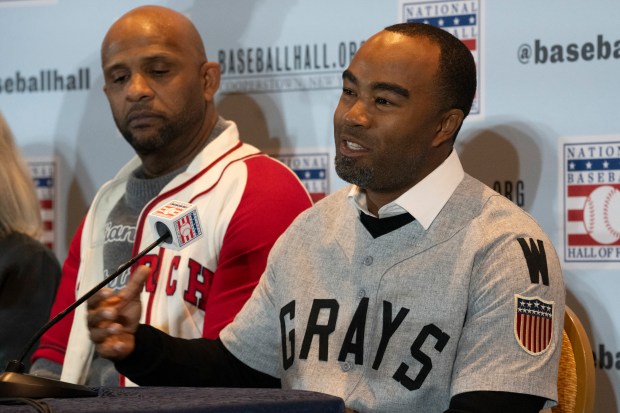 Josh Barfield, right, and CC Sabathia, left, speak at a news conference at the MLB winter meetings on Dec. 5, 2023, in Nashville, Tenn. (George Walker IV/AP)