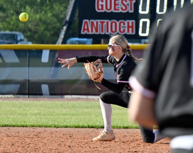 Antioch short stop Claire Schulyer throws to third base to get a force out during the Class 3A Antioch Sectional semifinal, Wednesday, May 29, 2024. (Michael Schmidt/for the Lake County News-Sun)