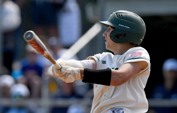 Stevenson's third baseman Sam Adelman (11) swing and puts the ball in play. Stevenson defeated Prospect's baseball team 6-2 in the Class 4A Stevenson Sectional semifinal, Wednesday May 29, 2024 in Lincolnshire. (Rob Dicker/for the Lake New-Sun)