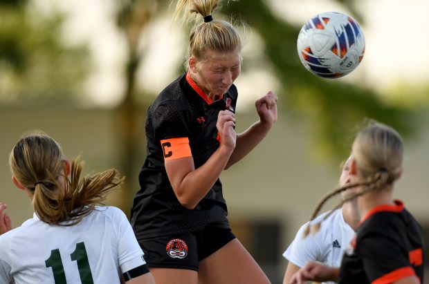 Libertyville's Erin Kelly (8) wins the header.Libertyville defeated Stevenson 2-0 in the Class 3A Stevenson Regional championship game, played at Stevenson, Friday, May 17, 2024. (Rob Dicker/for the Lake New-Sun)