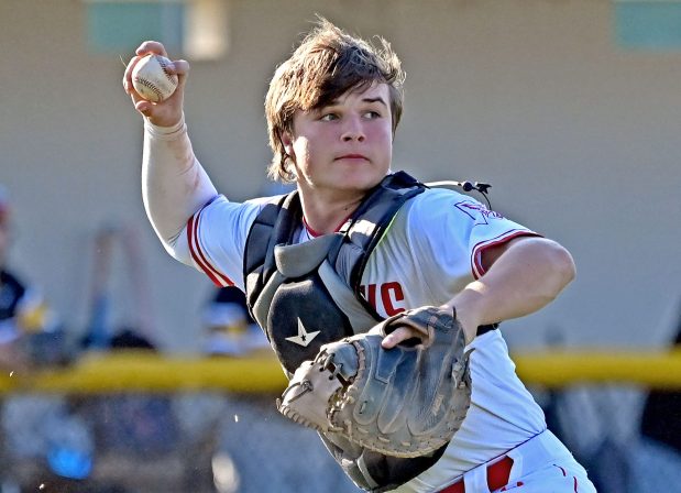 Naperville Central's Aiden Clark throws out a batter at first after fielding a short hit in front of the plate. Naperville Central defeated Metea Valley, 5-0 in baseball, Wednesday, May 15, 2024, in Naperville, Illinois. (Jon Langham/for Naperville Sun)