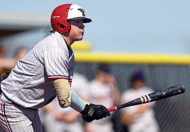 Yorkville's Kameron Yearsley (17) watches his hit into right field in the third inning during a non conference game against Metea Valley on Saturday, April 13, 2024 in Aurora. Yorkville won, 13-4.H. Rick Bamman / For the Naperville Sun