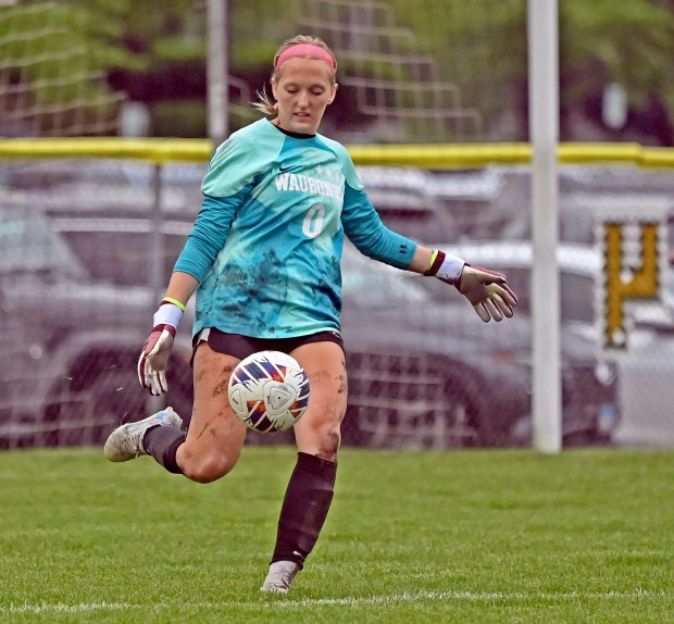 Waubonsie Valley's Lauren Bornhoff kicks the ball away from the goal. Benet defeated Waubonsie Valley, 5-2 in girls soccer, Thursday, May 9, 2024, in Aurora, Illinois. (Jon Langham/for Naperville Sun)