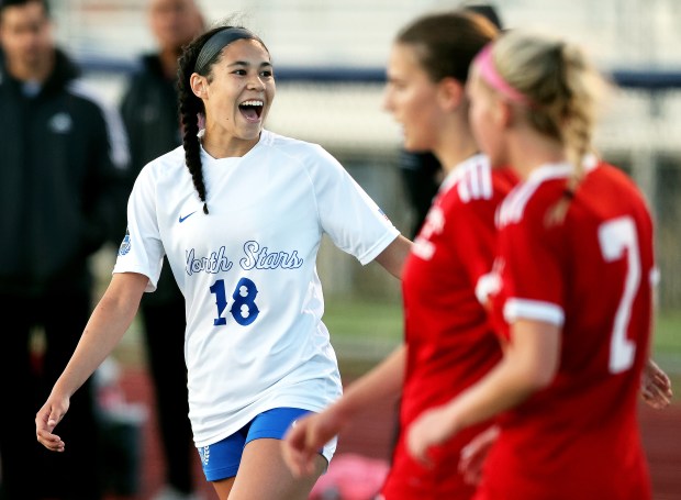 St. Charles North's Juliana Park (18) reacts to the 2-1 win over Naperville Central in the St. Charles North Supersectional on Tuesday, May 28, 2024 in St. Charles. H. Rick Bamman / For the Beacon-News