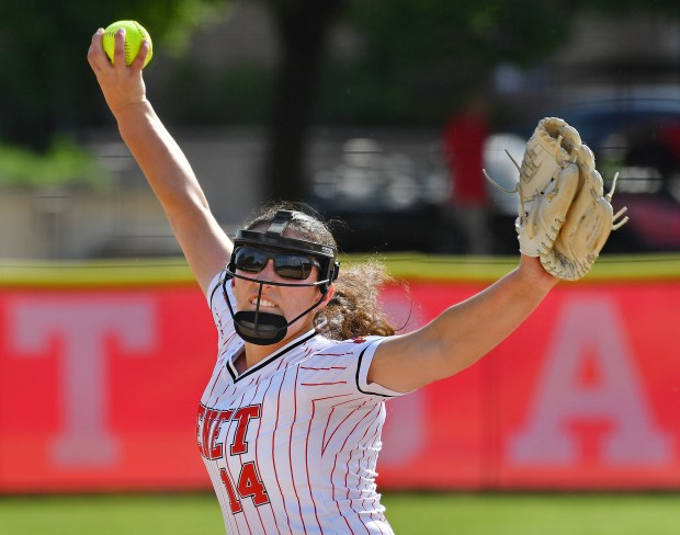 Benet pitcher Alexandra O'Rourke delivers to Hinsdale Central batter during a Class 4A Hinsdale Central Regional semifinal game on Tuesday, May 21, 2024, in Hinsdale.(Jon Cunningham/for The Naperville Sun)