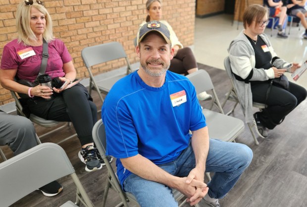 Naperville resident Lance Allen stopped at Naperville North High School Saturday morning to donate blood at the fifth annual A Pint for Kim drive, which was launched back in 2020 in the memory of Naperville resident Kimberley Benedyk Sandford. (David Sharos/Naperville Sun)