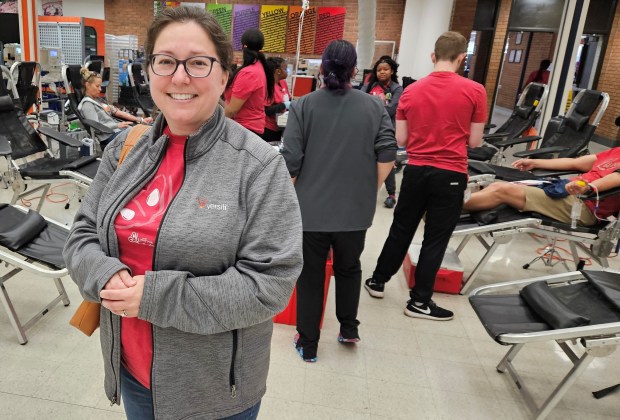 Sarah Horne, an account representative for the Versiti Blood Centers, said she was able to secure 100 beds and volunteer staff for the annual A Pint for Kim blood drive Saturday by seeking help from the company's Indiana locations. (David Sharos/Naperville Sun)