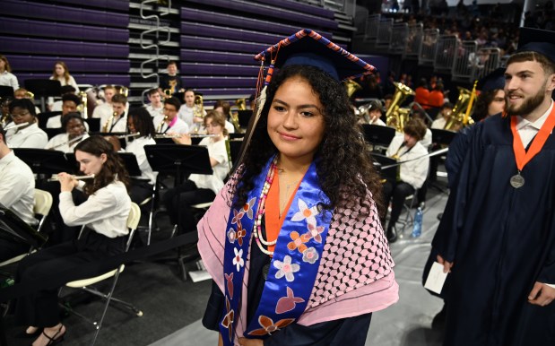 Center, Miigus Niibin Curley, 17, of Evanston at Northwestern University's Welsh-Ryan Arena at McGaw Memorial Hall in Evanston on May 19, 2024. (Karie Angell Luc/Pioneer Press)