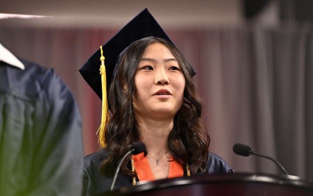 Senior Nicole Yao offers the student welcome at Evanston Township High School's commencement at Northwestern University's Welsh-Ryan Arena at McGaw Memorial Hall in Evanston on May 19, 2024. (Karie Angell Luc/Pioneer Press)