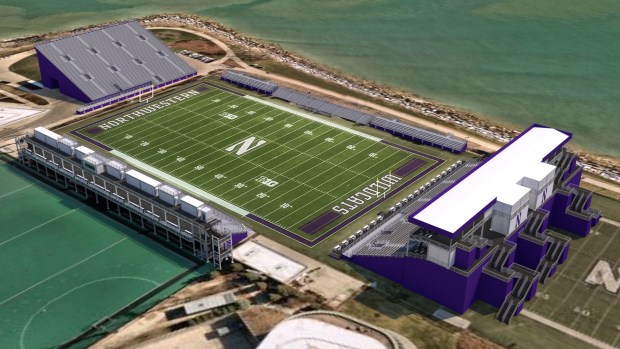 Northwestern University has released a concept image of the proposed temporary stadium the Wildcats are expected to use for most home football games throughout the 2024 and 2025 seasons while Ryan Field is rebuilt. (Northwestern University)