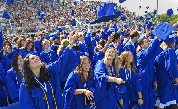 Students throw their caps into the air at the conclusion of Sunday's graduation ceremony at Lake Zurich High School, May 19, 2024. The school graduated 405 seniors at Sunday's ceremony. (Brian O'Mahoney for the Pioneer Press)