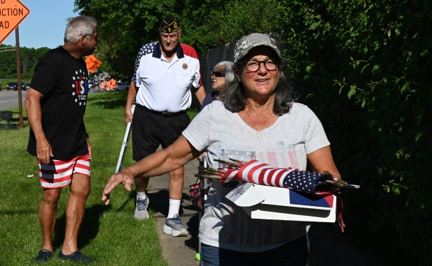 A cicada is in on top of one of the small flags on right. Right, Beth Koeppen of Northbrook is pleased a new American flag has been installed to replace a missing flag on a residential fence at Dundee Road and Bach Street on May 25, 2024 in Northbrook. (Karie Angell Luc/Pioneer Press)