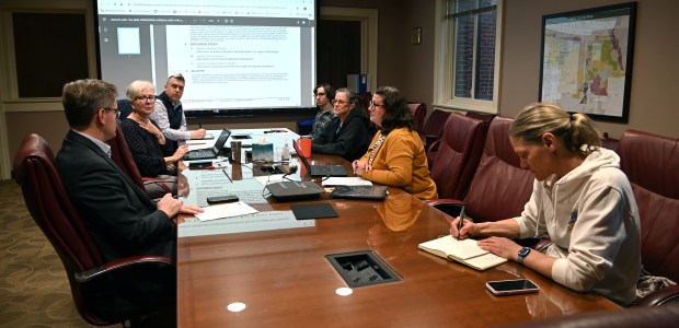 Northbrook's Sustainability Commission meets in the upstairs Terrace Room at Northbrook Village Hall during a Sustainability Commission meeting on April 18, 2024. (Karie Angell Luc/Pioneer Press)