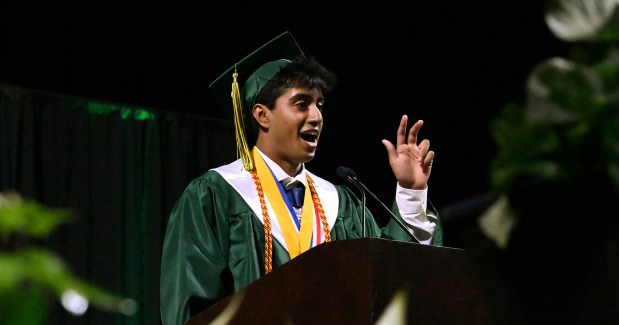 Kashyap Rajesh is a senior speaker at Adlai E. Stevenson High School graduation at NOW Arena in Hoffman Estates on May 24, 2024. (Karie Angell Luc/Pioneer Press)