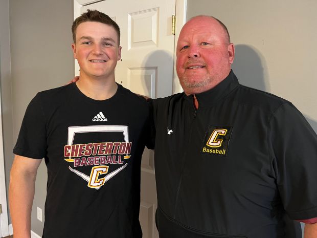 Senior third baseman/pitcher Jason Bogner, left, transferred from Highland to Chesterton after his father, John, made that move as the coach. (Michael Osipoff/Post-Tribune)