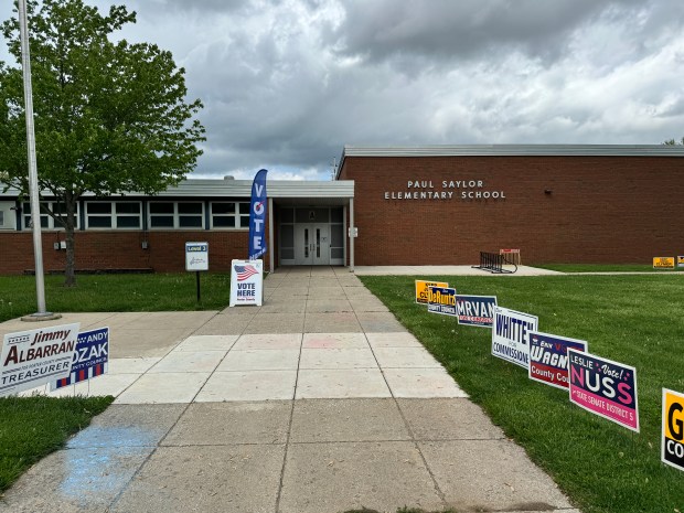 Signs promote candidates and direct voters to Saylor Elementary School in South Haven on Tuesday, May 7, 2024. (Doug Ross/for Post-Tribune)