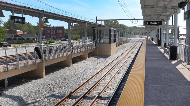 The newly finished Miller Station on the South Shore Line Double Track NWI Project at the ribbon cutting ceremony on Monday, May 13, 2024. (John Smierciak/for the Post Tribune)