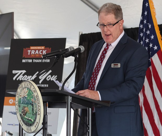 Michael Noland, President of South Shore Line speaks during a ribbon cutting ceremony at the Miller Station in Gary to commemorate the South Shore Line Double Track NWI Project on Monday, May 13, 2024. (John Smierciak/for the Post-Tribune)