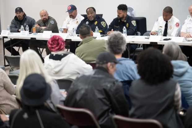 Local emergency and city employees respond to written questions during a Friends of Marquette Park meeting with local emergency and city officials in Gary on Thursday, May 9, 2024. (Kyle Telechan/for the Post-Tribune)