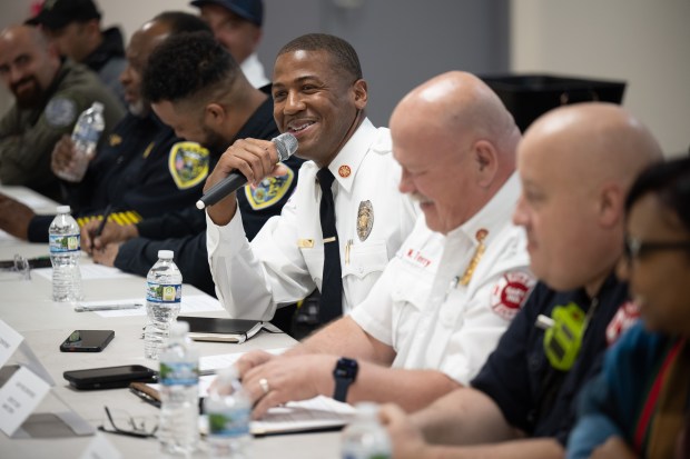 Gary Fire Chief Larry Tillman addresses visitors during a Friends of Marquette Park meeting with local emergency and city officials in Gary on Thursday, May 9, 2024. (Kyle Telechan/for the Post-Tribune)