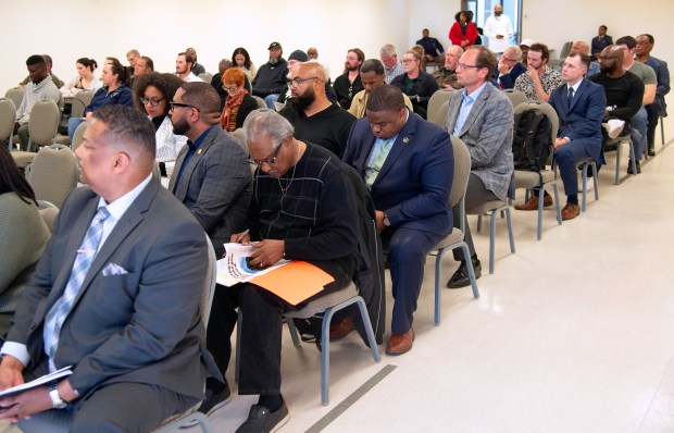 About 50 people attend a hearing regarding the Summit scrapyard held by the Indiana Department of Environmental Management in Gary on Wednesday, May 15, 2024. (Michael Gard/for the Post-Tribune)