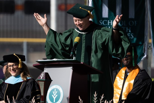 GEO Foundation founder and CEO Kevin Teasley speaks during the Ivy Tech Community College Lake Campus commencement ceremony in Gary on Friday, May 10, 2024. (Kyle Telechan/for the Post-Tribune)