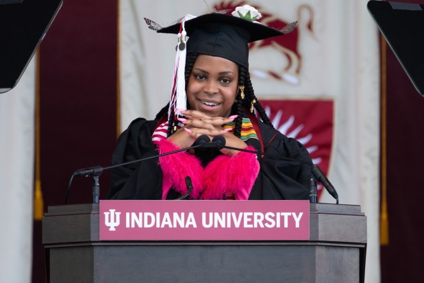 Class of 2024 College of Arts and Sciences graduate Faith LaShawn Smith performs the student address during the Indiana University Northwest commencement ceremonies on Wednesday, May 8, 2024. (Kyle Telechan/for the Post-Tribune)