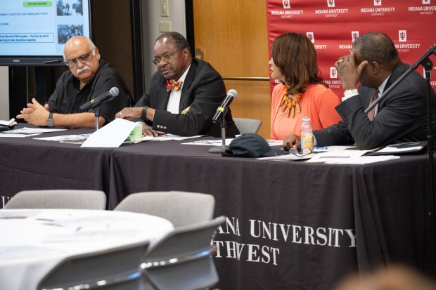 My Brother's Keeper leadership forum lead Steve Simpson, second from left, participates in a discussion during the Lake County My Brother's Keeper Local Action Summit in Gary on Wednesday, May 15, 2024. (Kyle Telechan/for the Post-Tribune)