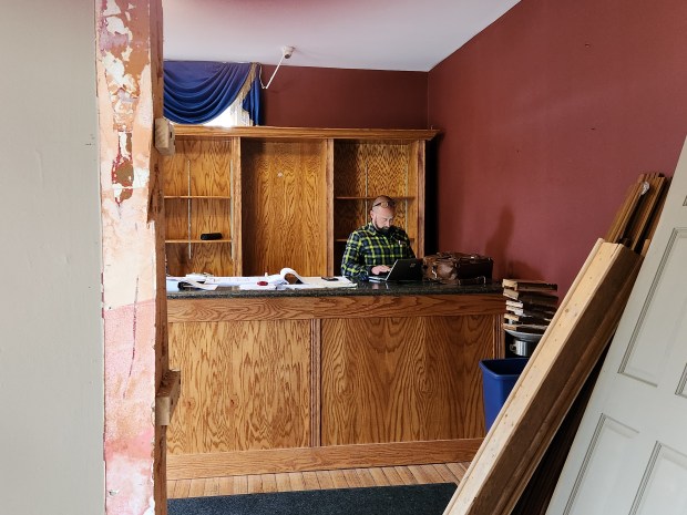 Site Manager Bob Burkus runs the Memorial Opera House renovation from the former lounge on Tuesday, May 14, 2024. (Shelley Jones/for Post-Tribune)