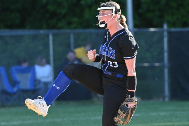 Lake Central's Taylor Schafer celebrates after a play against Hobart during the Class 4A regional on Thursday, May 30, 2024. (Kyle Telechan/for the Post-Tribune)