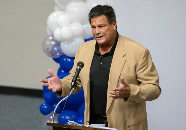 Former Chicago Bear and NFL Hall of Fame inductee Dan Hampton speaks during the graduation ceremony for Veterans Treatment Court at the Lake County Courthouse on Wednesday, May 15, 2024. (Michael Gard/for the Post-Tribune)