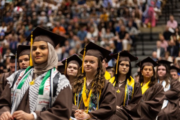 Valparaiso University students from the class of 2024 listen to U.S. Senator Todd Young give the commencement address on Saturday, May 11, 2024, in Valparaiso. (Vincent D. Johnson/for the Post-Tribune)