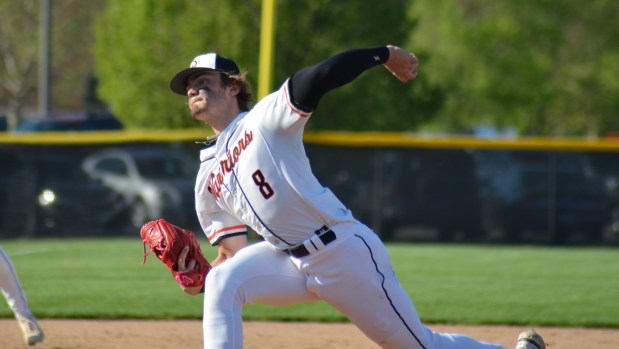 Lincoln-Way West's Conor Essenburg fires a pitch against Andrew during a SouthWest Suburban Red game in New Lenox on Tuesday, April 30, 2024. (Jeff Vorva / Daily Southtown)