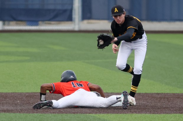 Andrew's Ryan Cahill (22) catches a throw to second base during a game against Stagg in Palos Hills on Thursday May 16, 2024. (Troy Stolt/for the Daily Southtown)