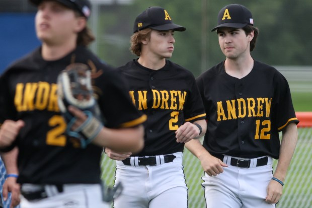 Andrew's Jack Leconte (2) runs off the field after a game against Stagg in Palos Hills on Thursday May 16, 2024. (Troy Stolt/for the Daily Southtown)