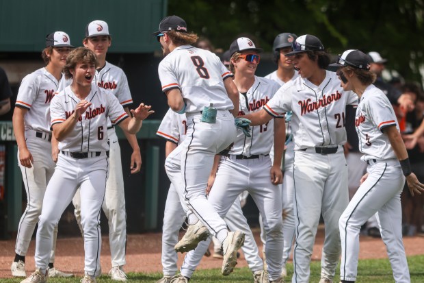 Lincoln-Way West's Connor Essenburg (8) celebrates with his teammates after getting an out during the Class 4A Providence Sectional semifinal against Lincoln-Way Central in New Lenox on Wednesday, May 29, 2024. (Troy Stolt/for the Daily Southtown)